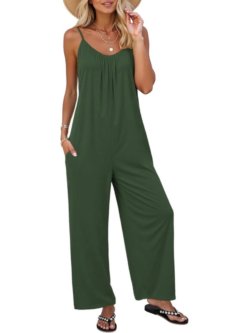 Women Army Green Casual Sleeveless Imported Spaghetti Strap Boho Wide Leg Romper